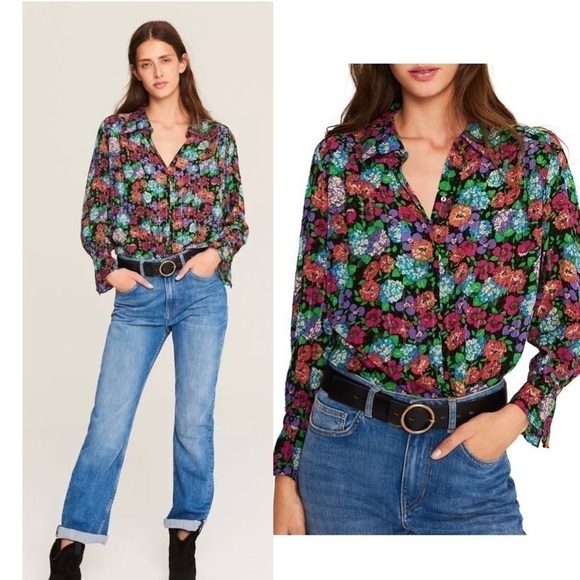 Ellie Tahari Metallic Floral Button Down Long Sleeve Semi Sheer Blouse Top NWT - Picture 1 of 11